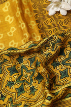 Yellow Block Printed Ajrakh Modal Satin Silk Fabric ( 2.5 Mtr ) - Luxurion World