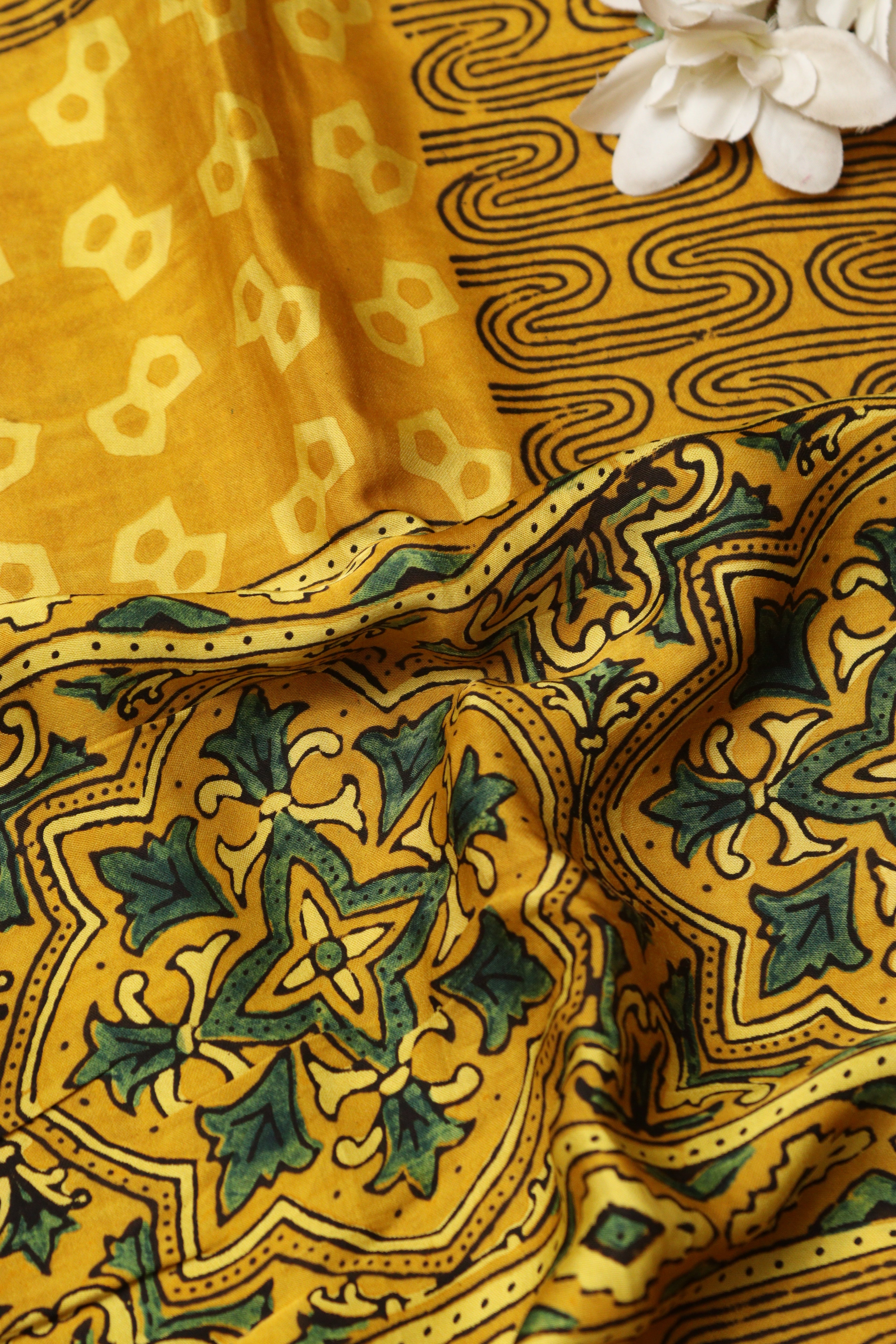 Yellow Block Printed Ajrakh Modal Satin Silk Fabric ( 2.5 Mtr ) - Luxurion World
