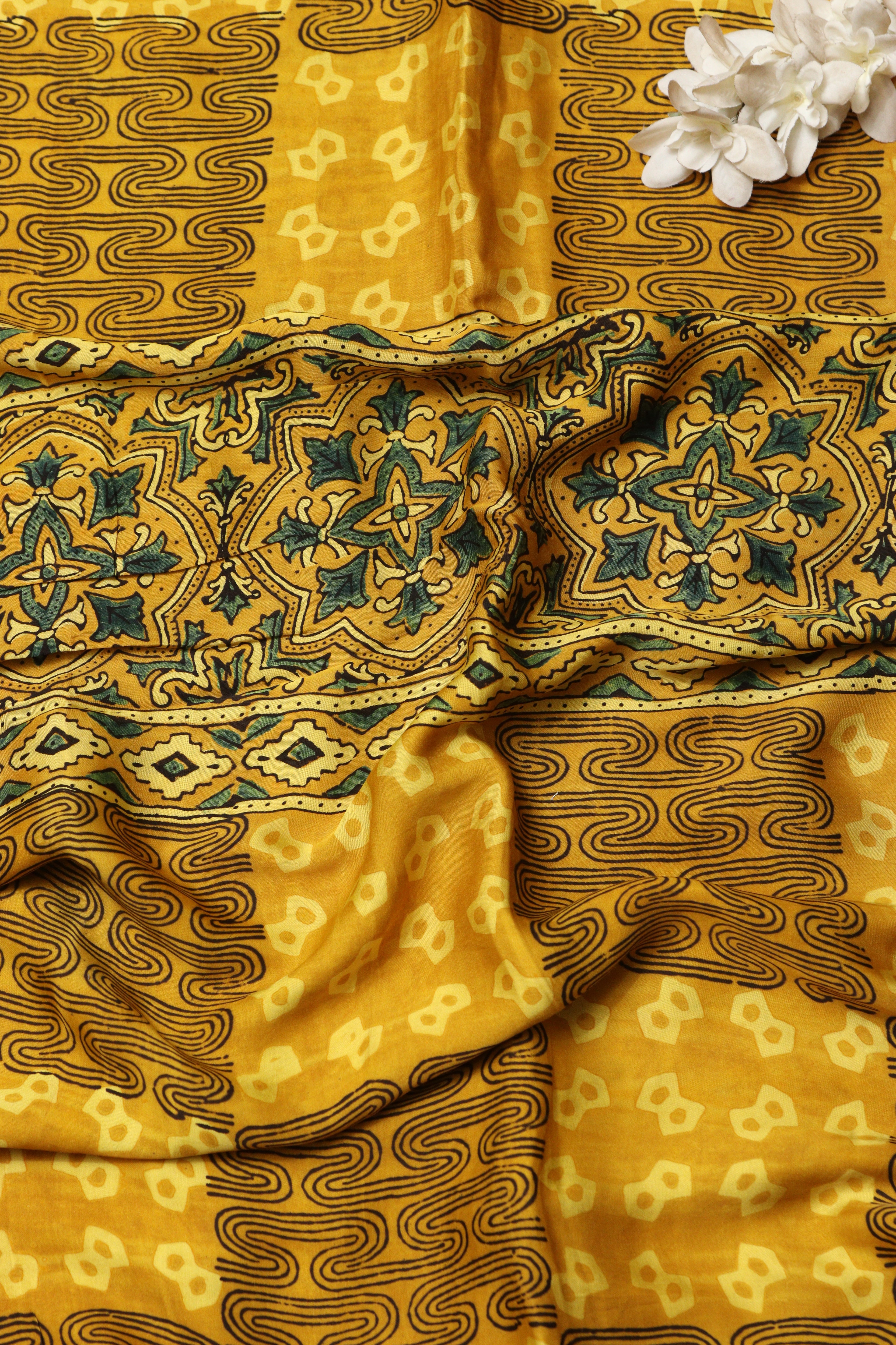 Yellow Block Printed Ajrakh Modal Satin Silk Fabric ( 2.5 Mtr ) - Luxurion World