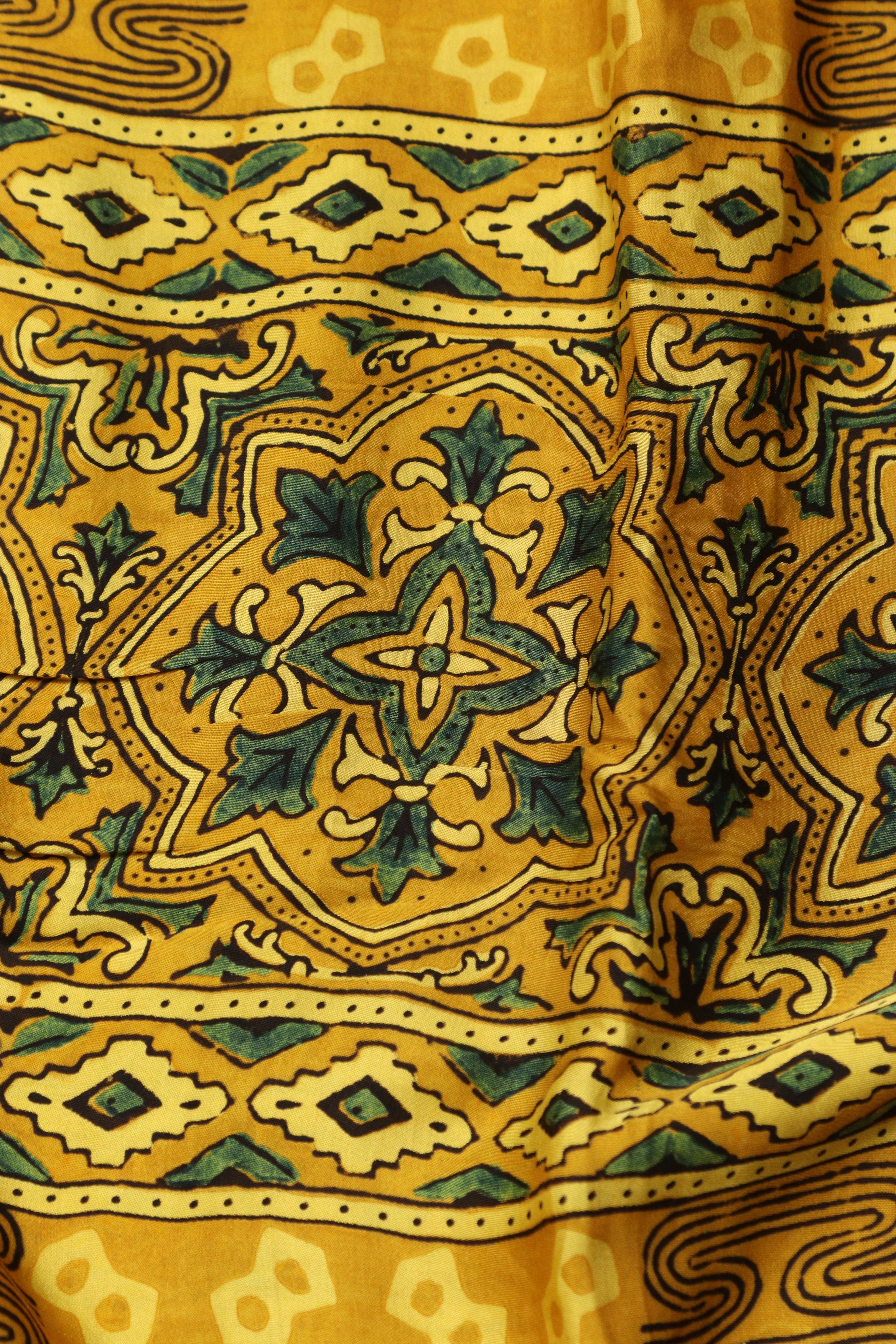 Yellow Block Printed Ajrakh Modal Satin Silk Fabric ( 2.5 Mtr ) - Luxurion World