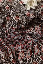 Black Block Printed Ajrakh Modal Satin Silk Fabric ( 2.5 Mtr ) - Luxurion World