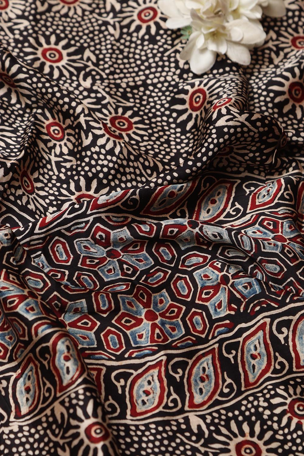 Black Block Printed Ajrakh Modal Satin Silk Fabric ( 2.5 Mtr )