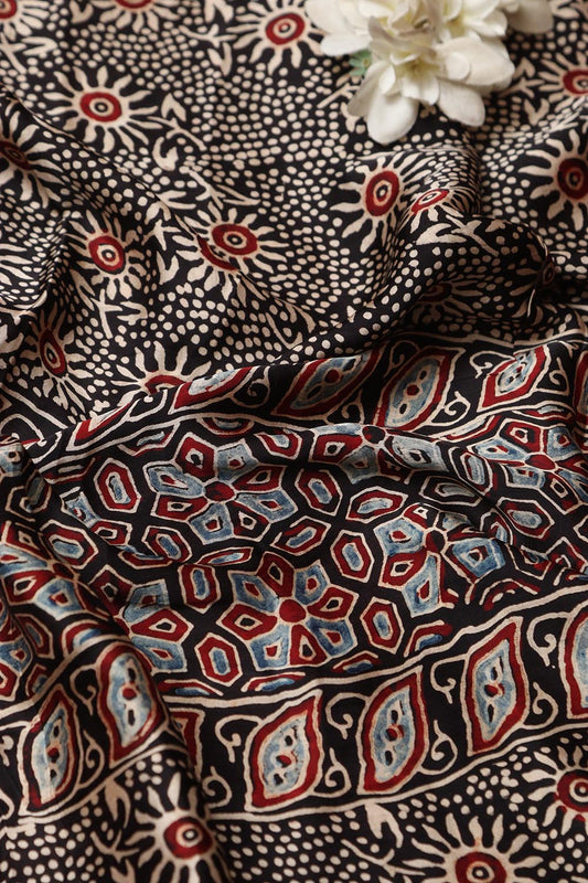 Black Block Printed Ajrakh Modal Satin Silk Fabric ( 2.5 Mtr )