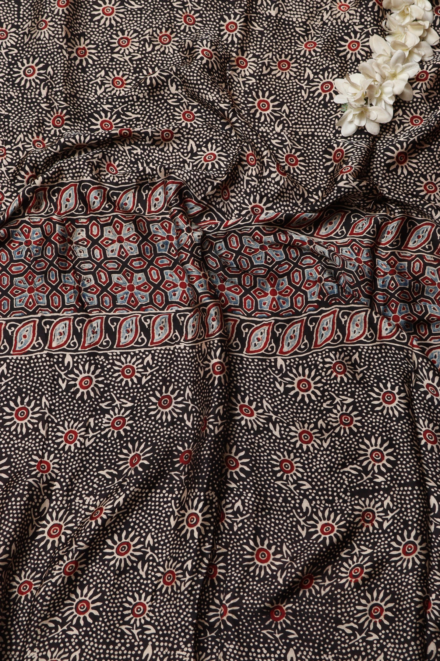 Black Block Printed Ajrakh Modal Satin Silk Fabric ( 2.5 Mtr )