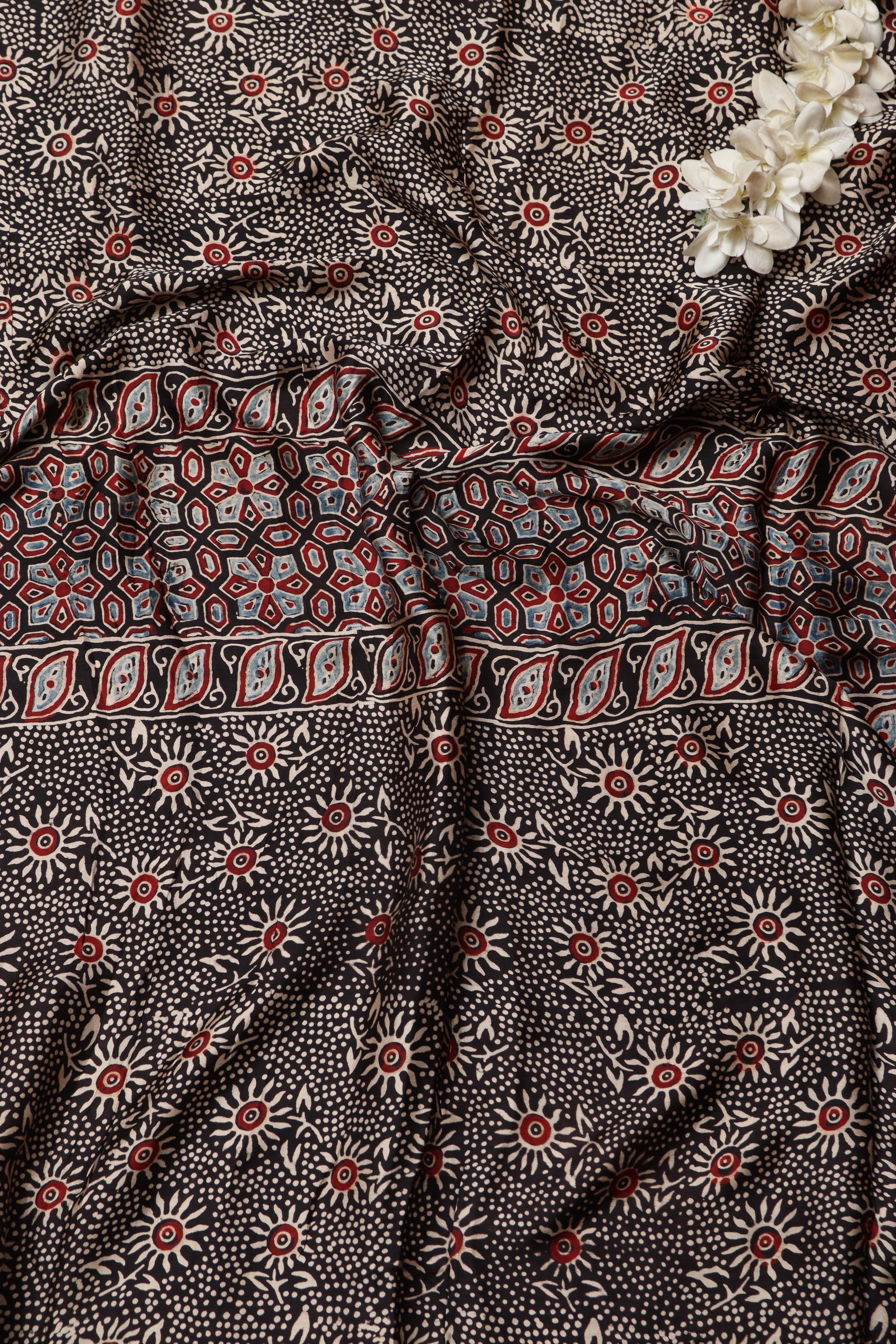Black Block Printed Ajrakh Modal Satin Silk Fabric ( 2.5 Mtr ) - Luxurion World