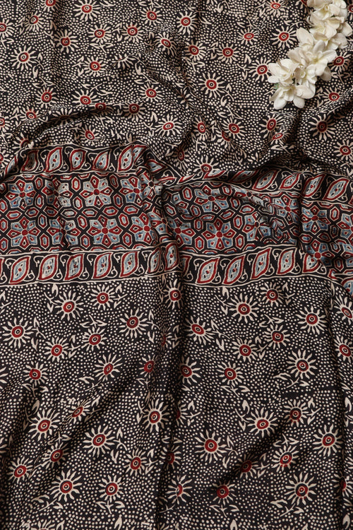 Black Block Printed Ajrakh Modal Satin Silk Fabric ( 2.5 Mtr ) - Luxurion World