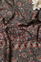 Black Block Printed Ajrakh Modal Satin Silk Fabric ( 2.5 Mtr ) - Luxurion World