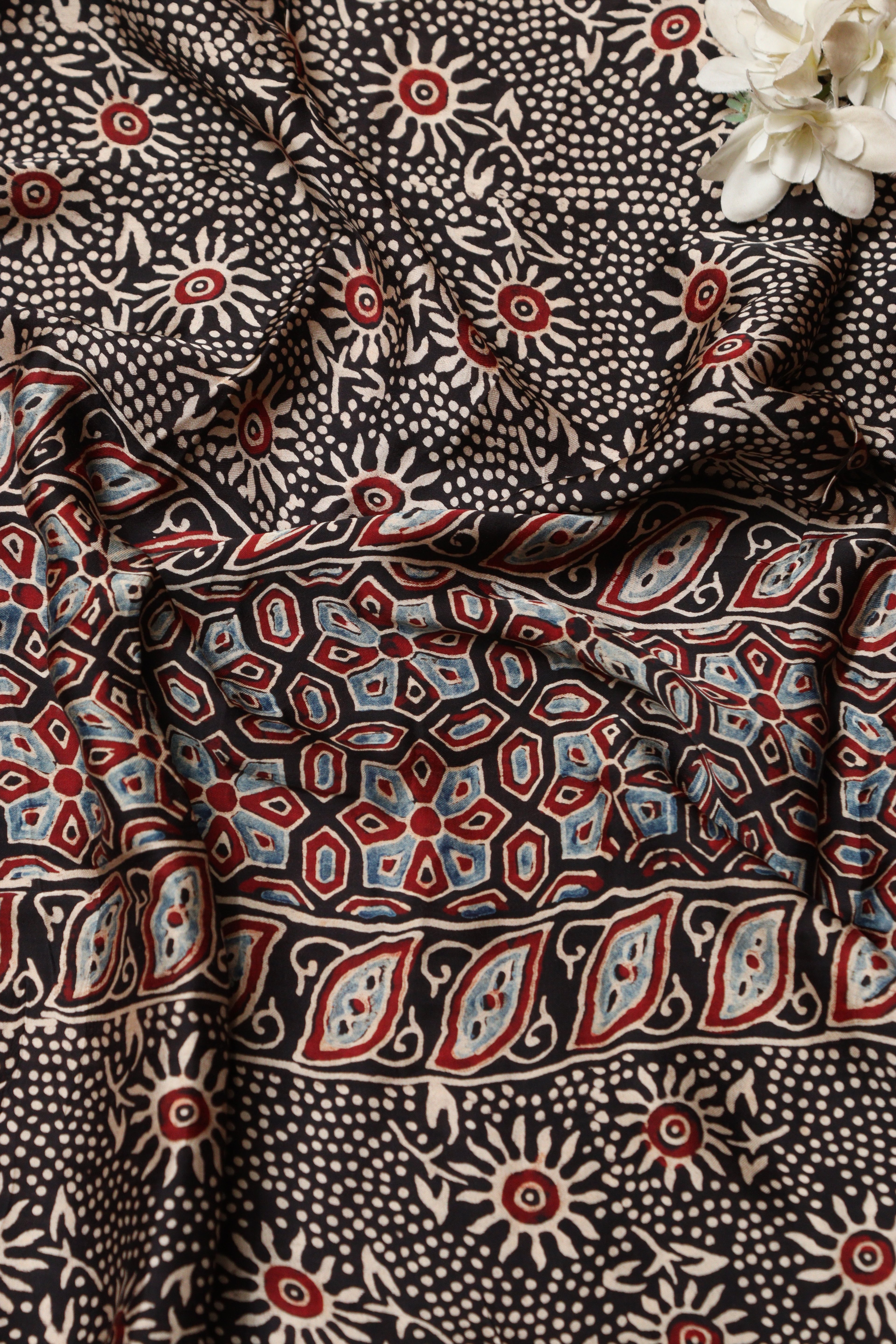 Black Block Printed Ajrakh Modal Satin Silk Fabric ( 2.5 Mtr ) - Luxurion World