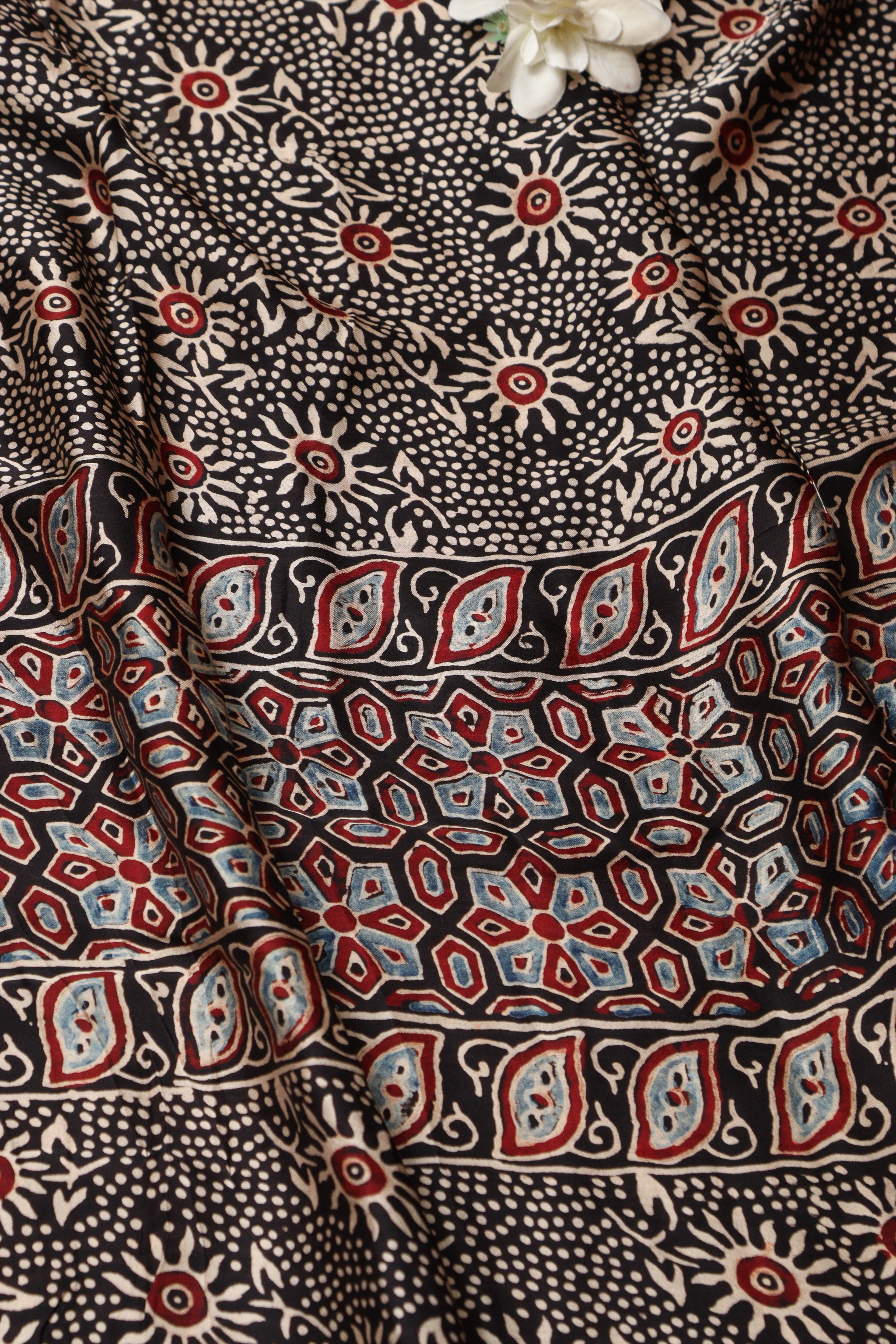 Black Block Printed Ajrakh Modal Satin Silk Fabric ( 2.5 Mtr ) - Luxurion World