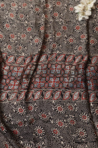 Black Block Printed Ajrakh Modal Satin Silk Fabric ( 2.5 Mtr ) - Luxurion World