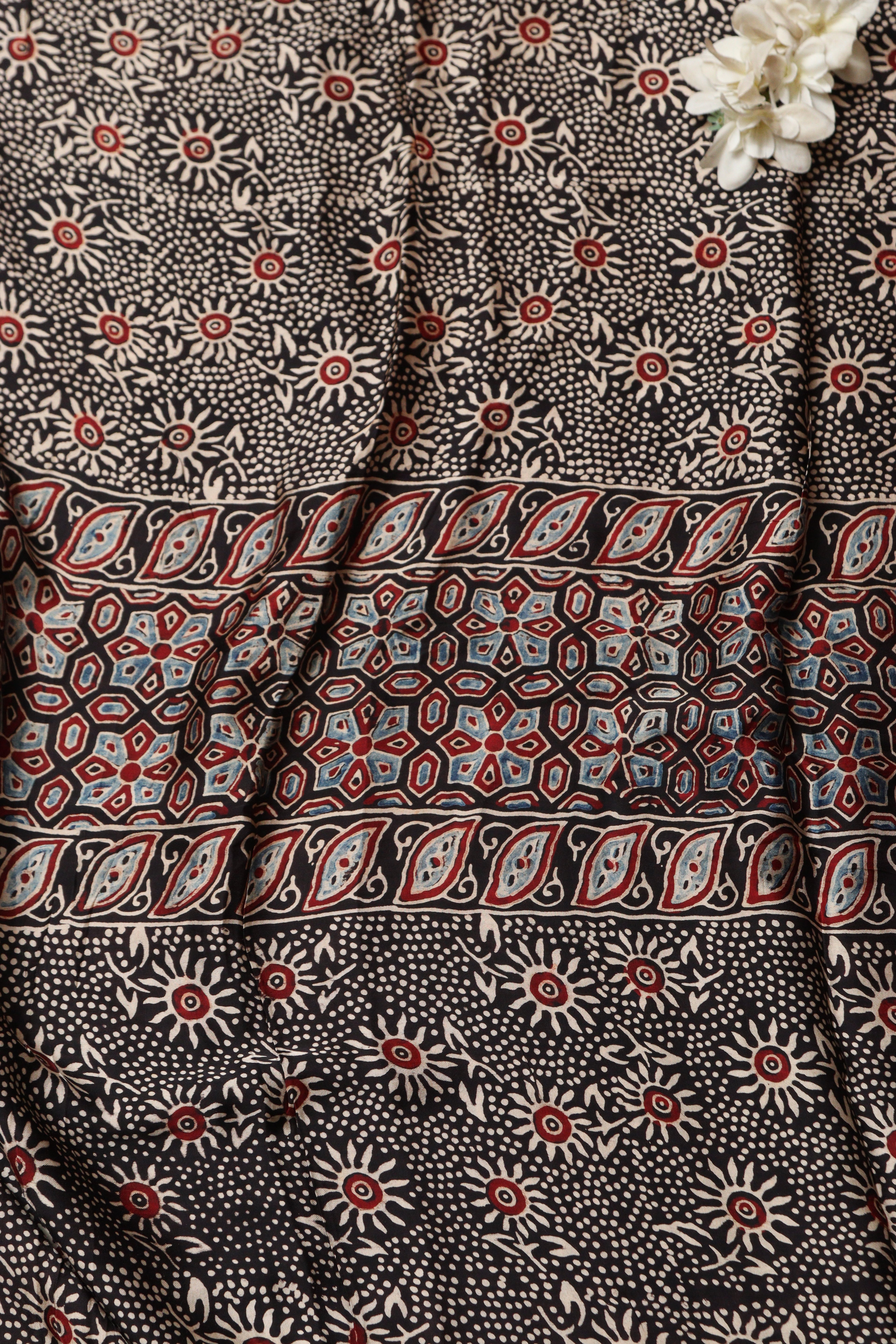 Black Block Printed Ajrakh Modal Satin Silk Fabric ( 2.5 Mtr ) - Luxurion World
