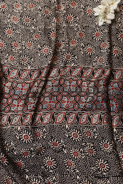 Black Block Printed Ajrakh Modal Satin Silk Fabric ( 2.5 Mtr )