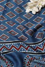 Blue Block Printed Ajrakh Modal Satin Silk Fabric ( 2.5 Mtr ) - Luxurion World