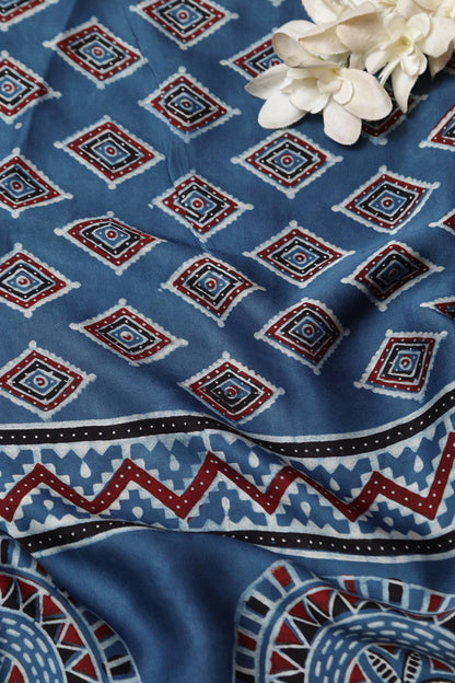 Blue Block Printed Ajrakh Modal Satin Silk Fabric ( 2.5 Mtr )