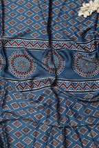 Blue Block Printed Ajrakh Modal Satin Silk Fabric ( 2.5 Mtr ) - Luxurion World