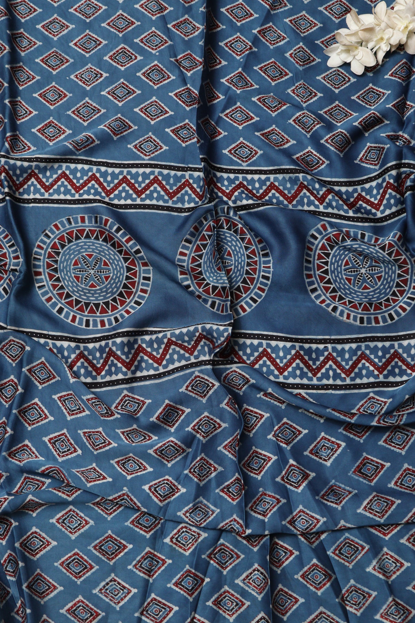 Blue Block Printed Ajrakh Modal Satin Silk Fabric ( 2.5 Mtr )