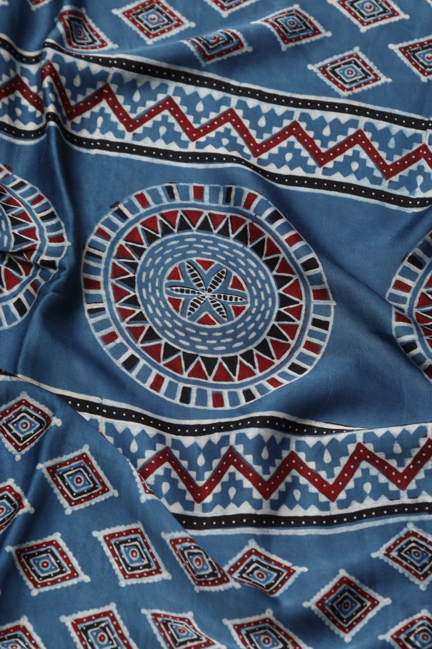 Blue Block Printed Ajrakh Modal Satin Silk Fabric ( 2.5 Mtr )