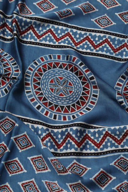 Blue Block Printed Ajrakh Modal Satin Silk Fabric ( 2.5 Mtr )