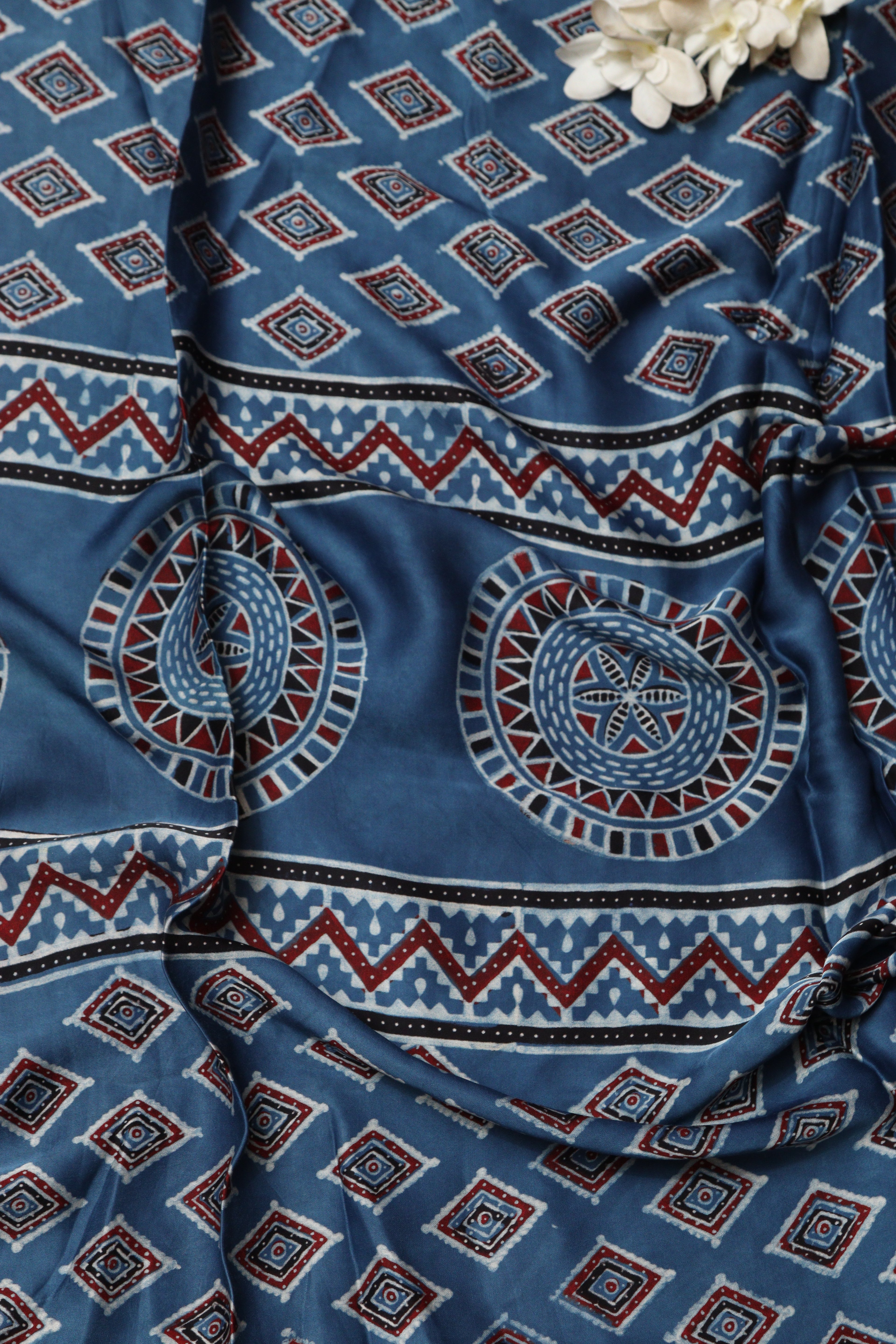 Blue Block Printed Ajrakh Modal Satin Silk Fabric ( 2.5 Mtr ) - Luxurion World
