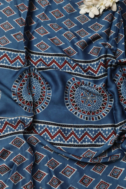 Blue Block Printed Ajrakh Modal Satin Silk Fabric ( 2.5 Mtr )