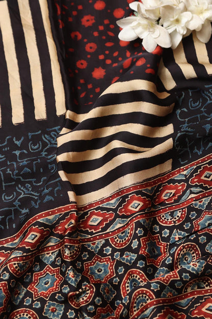 Multicolor Block Printed Ajrakh Modal Satin Silk Fabric ( 2.5 Mtr )