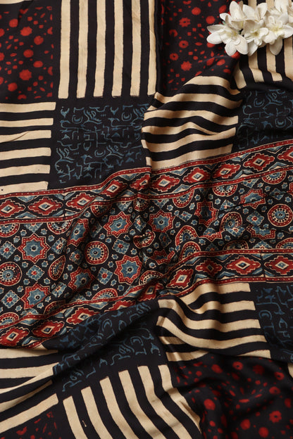 Multicolor Block Printed Ajrakh Modal Satin Silk Fabric ( 2.5 Mtr )