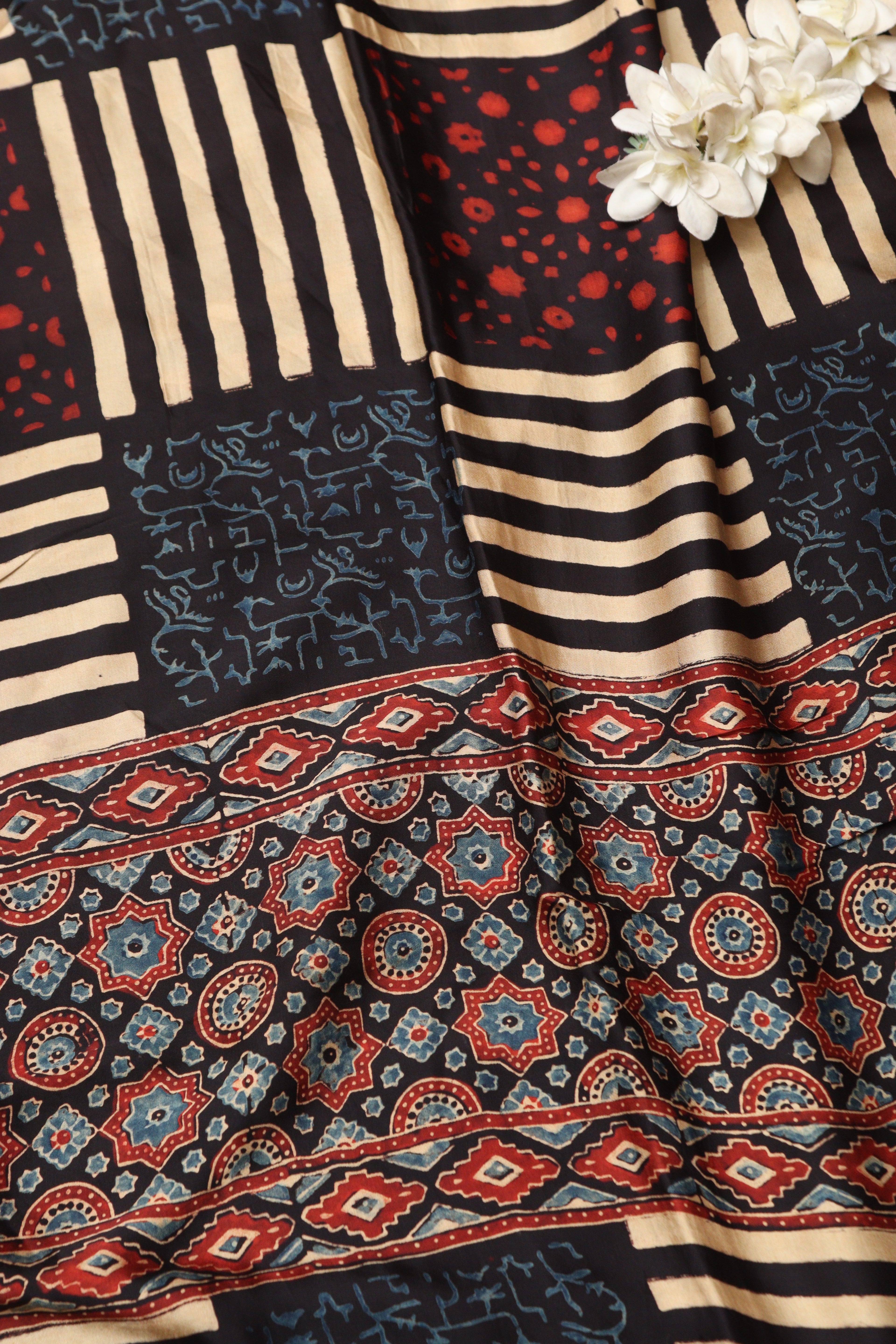 Multicolor Block Printed Ajrakh Modal Satin Silk Fabric ( 2.5 Mtr ) - Luxurion World