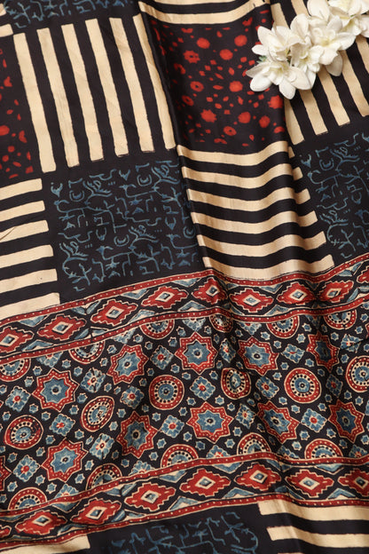 Multicolor Block Printed Ajrakh Modal Satin Silk Fabric ( 2.5 Mtr )