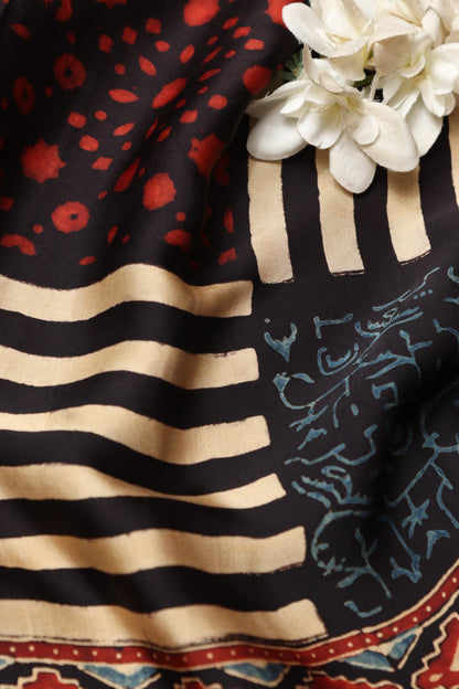 Multicolor Block Printed Ajrakh Modal Satin Silk Fabric ( 2.5 Mtr )