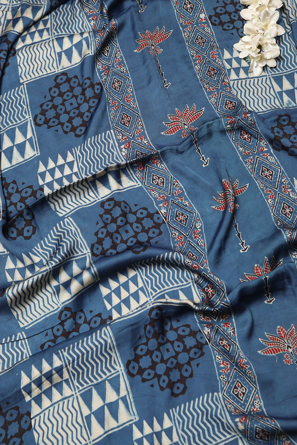 Blue Block Printed Ajrakh Modal Satin Silk Fabric ( 2.5 Mtr )
