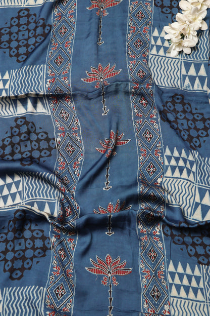 Blue Block Printed Ajrakh Modal Satin Silk Fabric ( 2.5 Mtr )