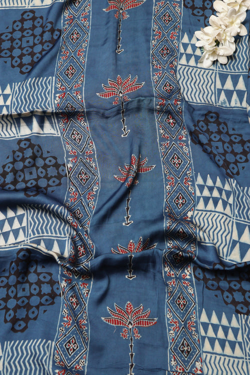 Blue Block Printed Ajrakh Modal Satin Silk Fabric ( 2.5 Mtr ) - Luxurion World