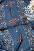 Blue Block Printed Ajrakh Modal Satin Silk Fabric ( 2.5 Mtr ) - Luxurion World