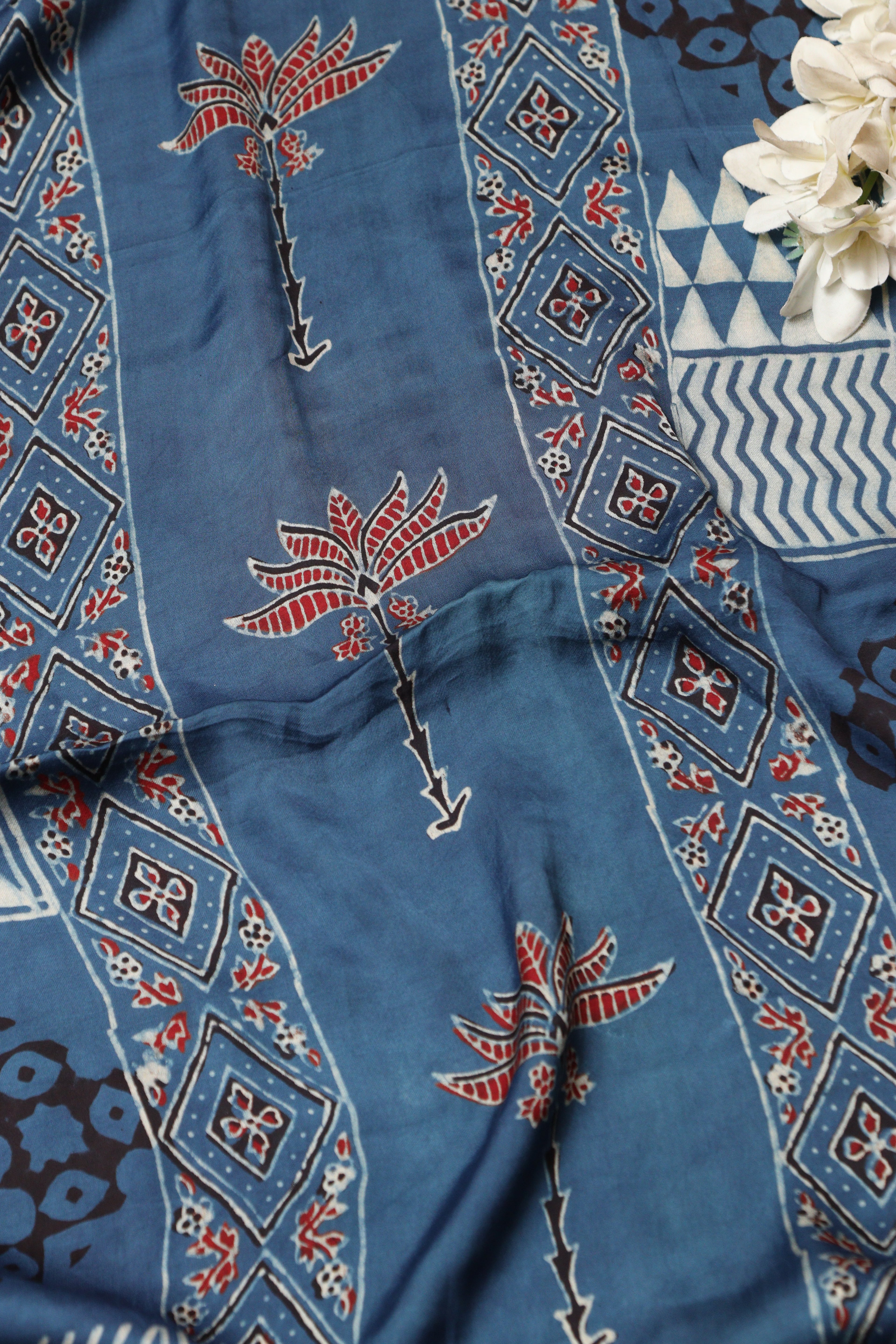 Blue Block Printed Ajrakh Modal Satin Silk Fabric ( 2.5 Mtr ) - Luxurion World