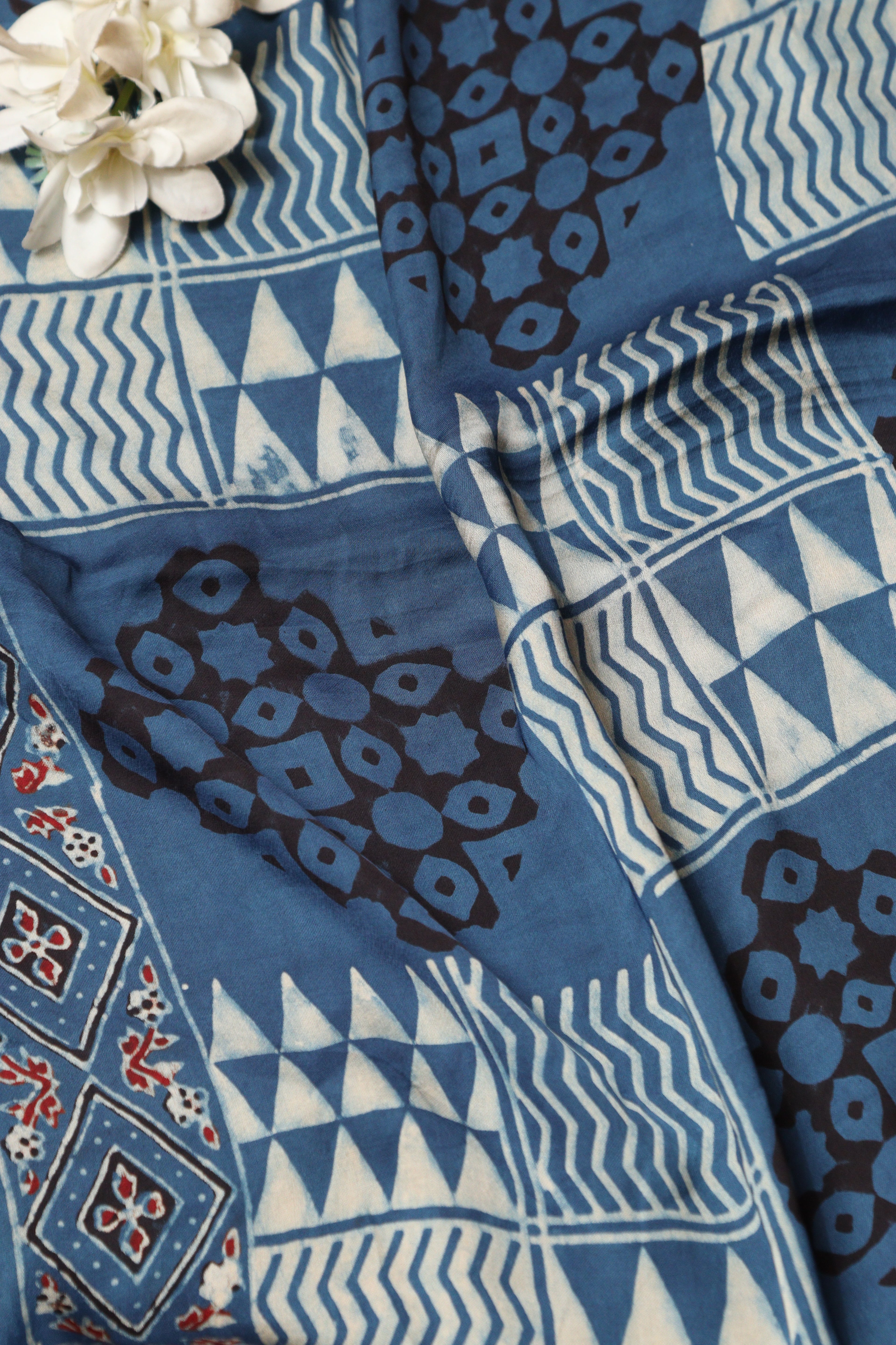 Blue Block Printed Ajrakh Modal Satin Silk Fabric ( 2.5 Mtr ) - Luxurion World