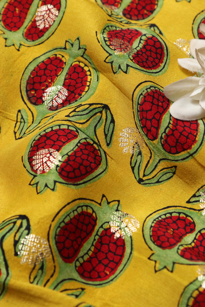 Luxurious and Elegant - Yellow Ajrakh Banarasi Silk Fabric ( 2.5 Mtr )