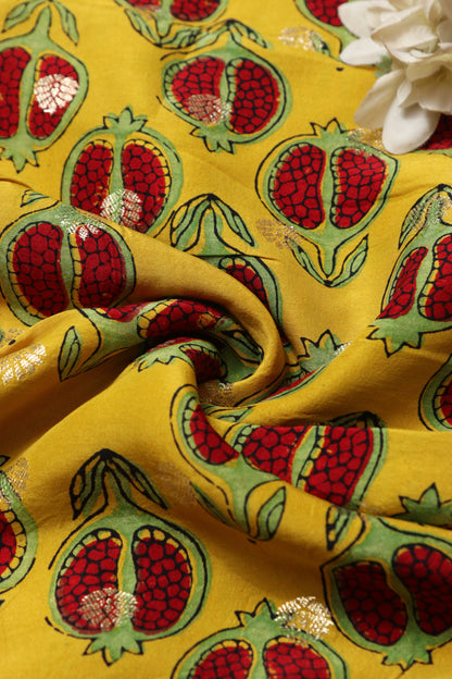 Luxurious and Elegant - Yellow Ajrakh Banarasi Silk Fabric ( 2.5 Mtr )