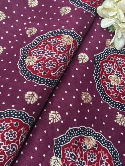 Luxurious and Elegant - Maroon Ajrakh Banarasi Silk Fabric ( 2.5 Mtr )