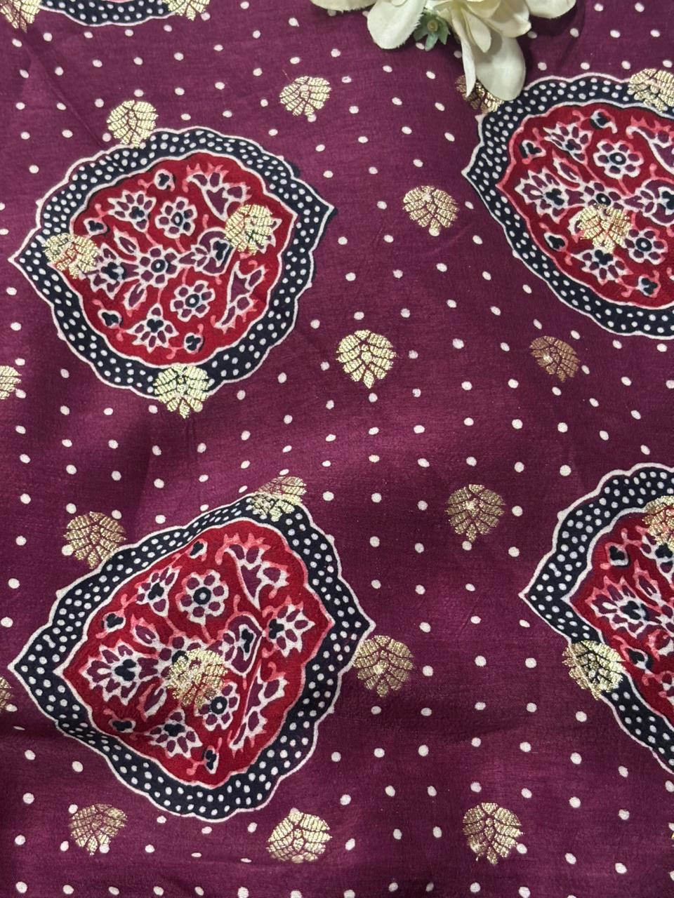 Luxurious and Elegant - Maroon Ajrakh Banarasi Silk Fabric ( 2.5 Mtr )