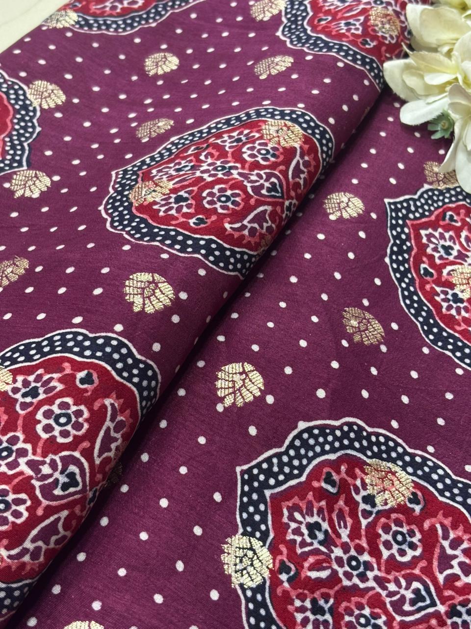 Luxurious and Elegant - Maroon Ajrakh Banarasi Silk Fabric ( 2.5 Mtr )