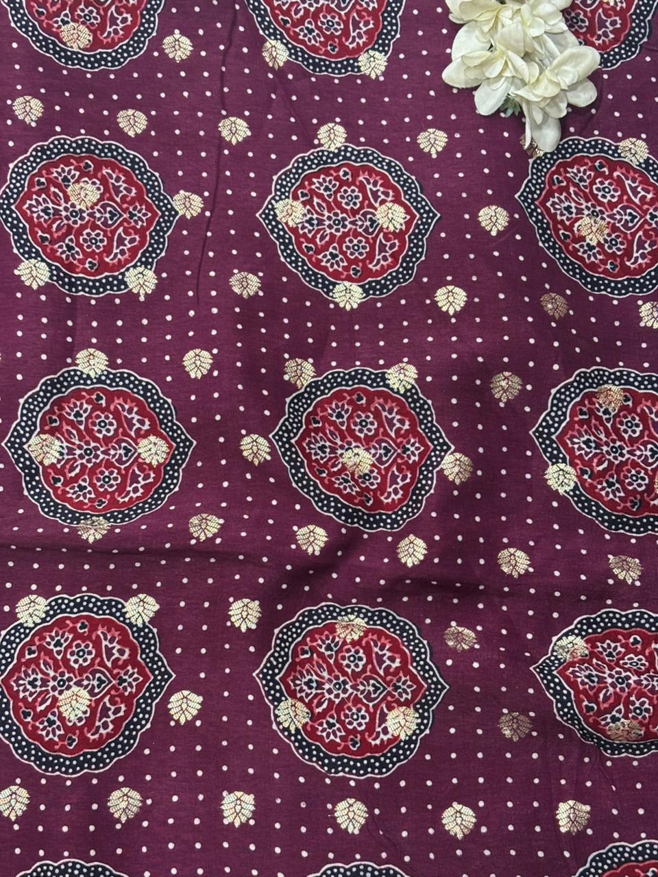 Luxurious and Elegant - Maroon Ajrakh Banarasi Silk Fabric ( 2.5 Mtr ) - Luxurion World