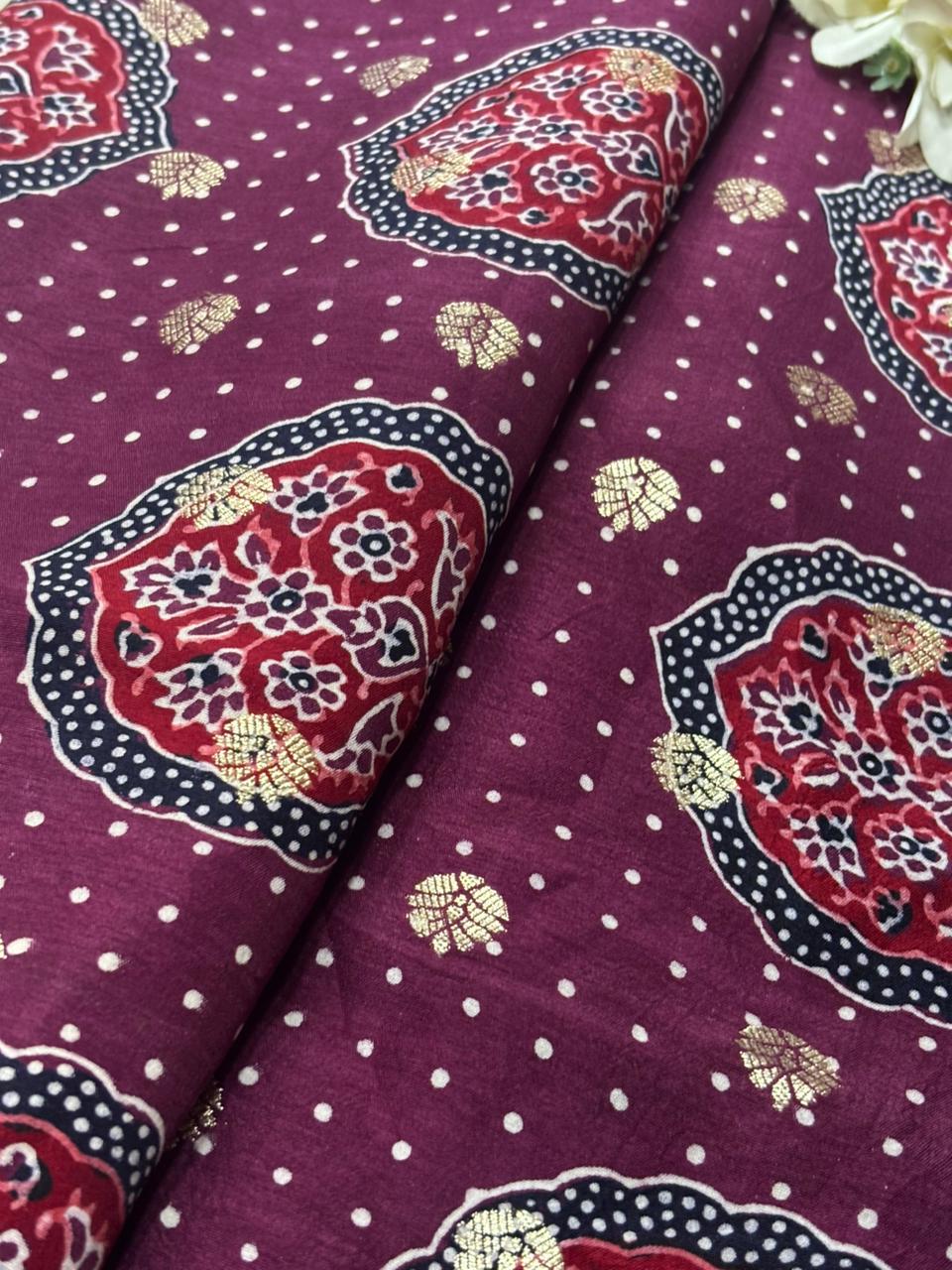 Luxurious and Elegant - Maroon Ajrakh Banarasi Silk Fabric ( 2.5 Mtr )