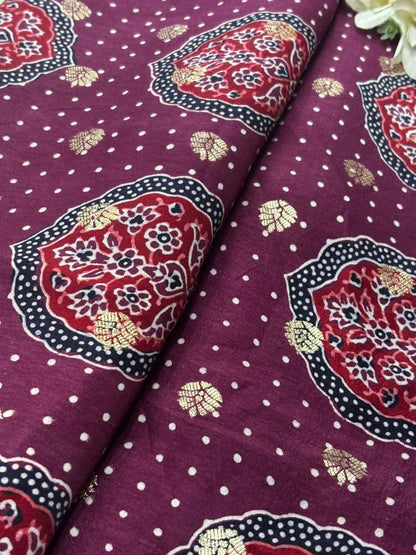 Luxurious and Elegant - Maroon Ajrakh Banarasi Silk Fabric ( 2.5 Mtr )