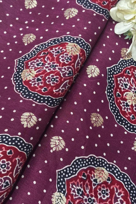 Luxurious and Elegant - Maroon Ajrakh Banarasi Silk Fabric ( 2.5 Mtr )