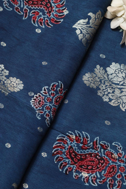 Exquisite and Elegant - Blue Ajrakh Banarasi Silk Fabric ( 2.5 Mtr )