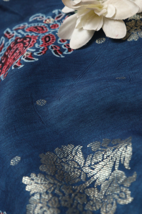 Exquisite and Elegant - Blue Ajrakh Banarasi Silk Fabric ( 1.75 Mtr ) - Luxurion World