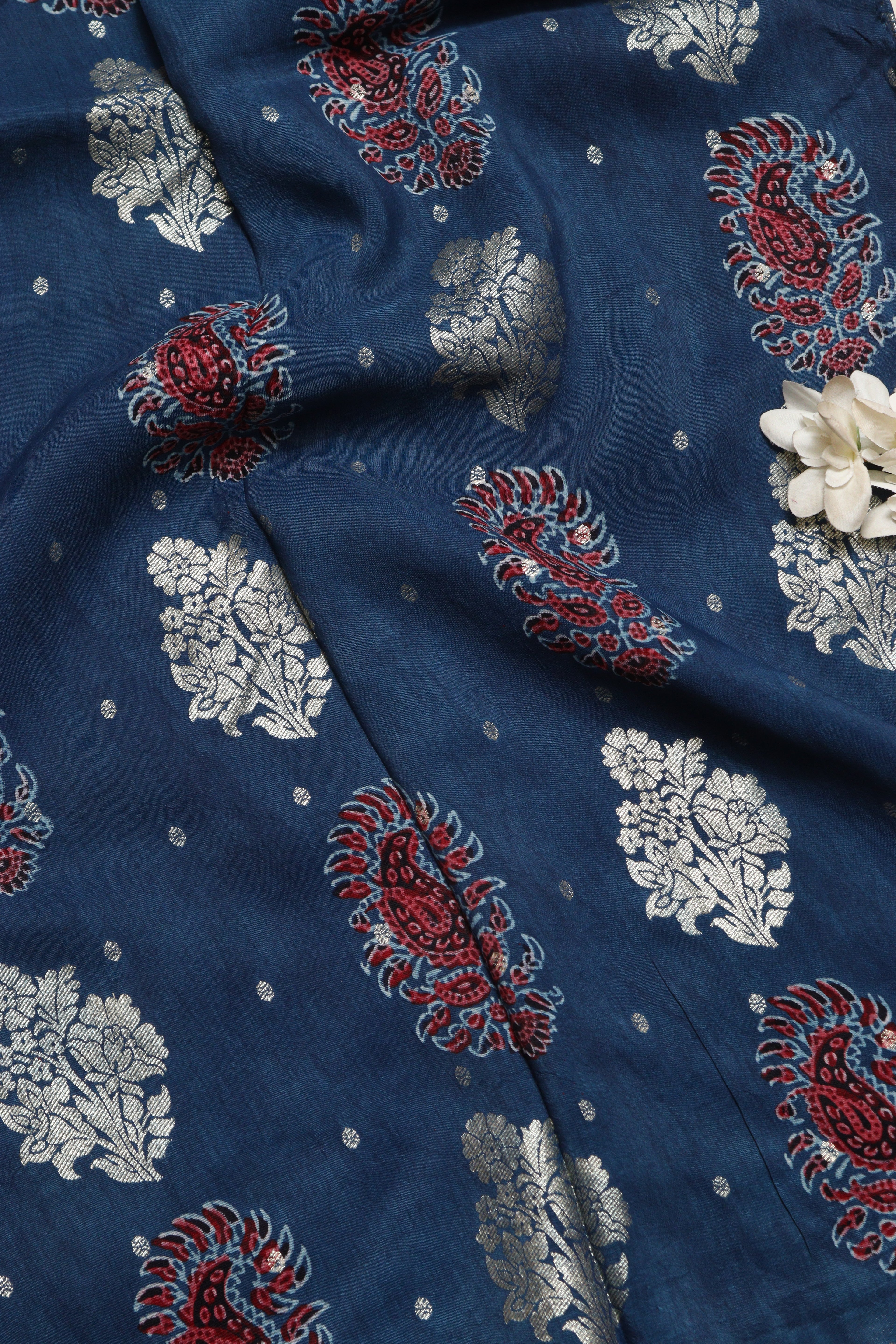 Exquisite and Elegant - Blue Ajrakh Banarasi Silk Fabric ( 1.75 Mtr ) - Luxurion World