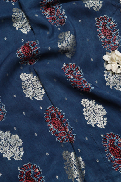 Exquisite and Elegant - Blue Ajrakh Banarasi Silk Fabric ( 2.5 Mtr )