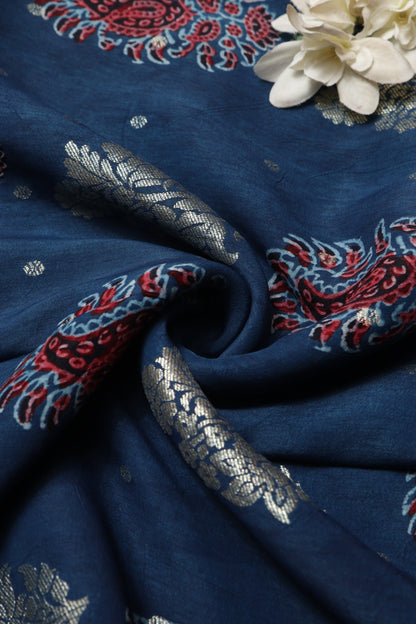 Exquisite and Elegant - Blue Ajrakh Banarasi Silk Fabric ( 2.5 Mtr )