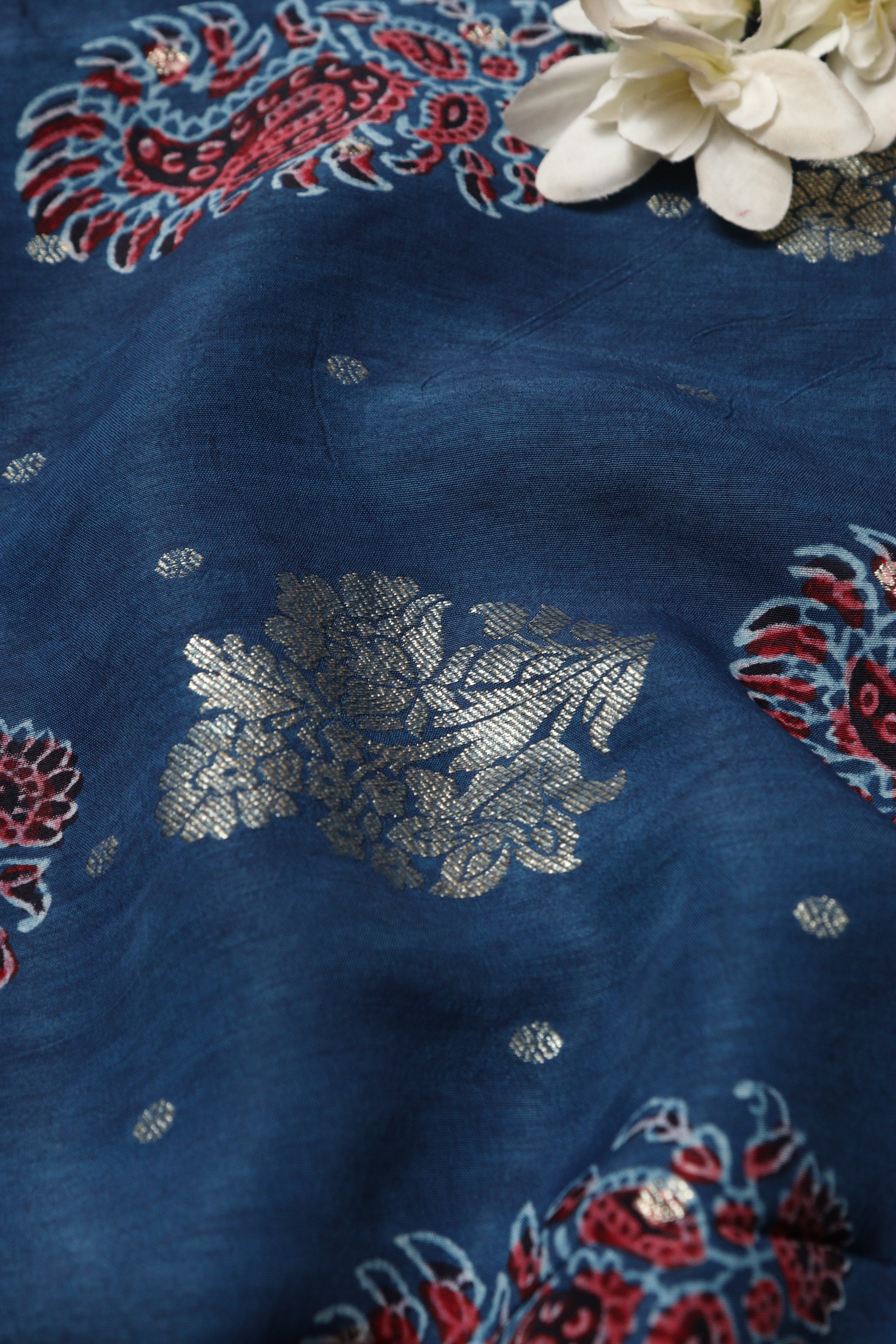 Exquisite and Elegant - Blue Ajrakh Banarasi Silk Fabric ( 1.75 Mtr ) - Luxurion World